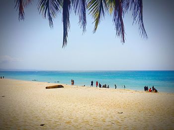 People on beach against clear sky