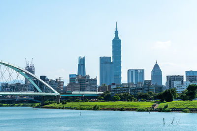 View of city buildings by river against sky