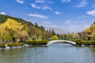 Small bridge cross over the small lake in dilijan city park