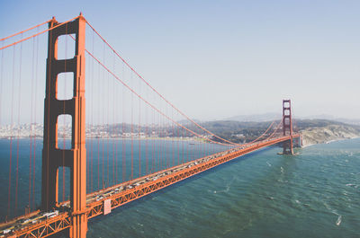 Golden gate bridge in city against clear sky