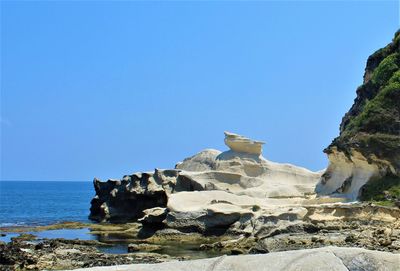 Rock formations by sea against clear blue sky