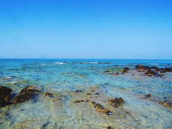 Scenic view of sea against clear blue sky