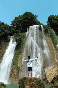 Rear view of waterfall against trees