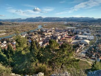 High angle view of town against sky