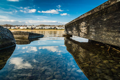 Reflection of buildings in lake against sky