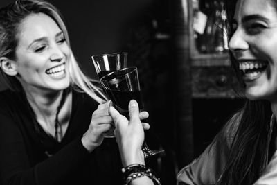 Smiling friends toasting glass 