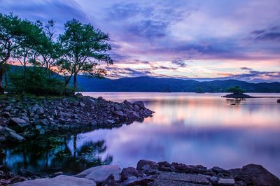 Scenic view of lake against sky during sunset