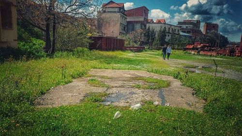 Woman standing on grass against sky