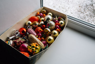 High angle view of fruits in box on table