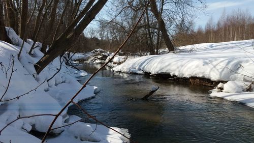 Frozen river by snowcapped mountains during winter