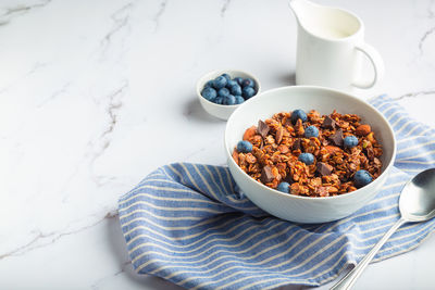 High angle view of breakfast on table