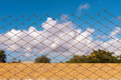 Rusty metal fence mesh close-up on the background of the field in summer