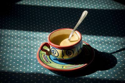 High angle view of coffee on table