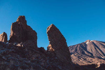 Low angle view of rock formation against clear blue sky