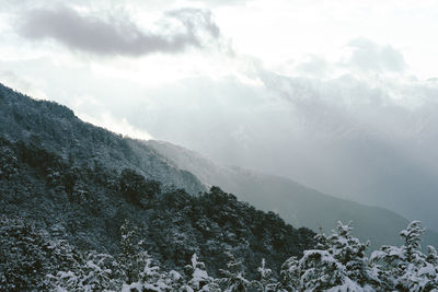 Scenic view of mountains against sky during winter