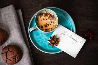 High angle view of coffee on table