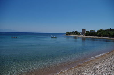 Scenic view of sea against clear blue sky