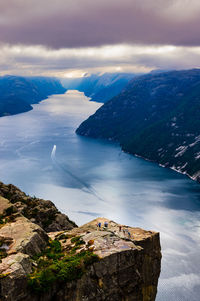 Scenic view of sea and mountains against sky