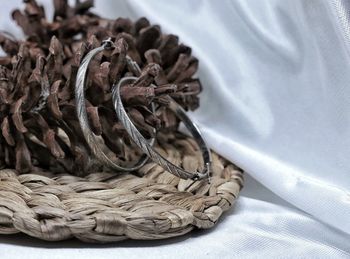 High angle view of pine cone on table