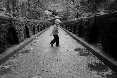 Rear view of man walking on bridge