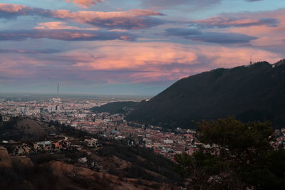 High angle view of townscape against sky during sunset