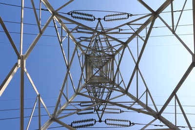 Low angle view of electricity pylon against clear sky