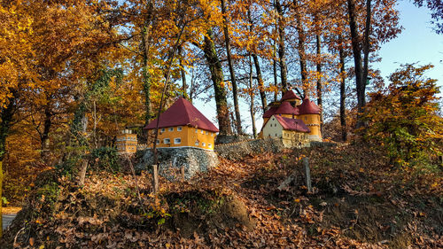 Miniature houses in fall colored forest, tourist attraction, autumn.