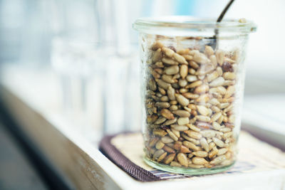 Close-up of food in jar on table at restaurant