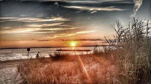 Scenic view of beach against sky during sunset