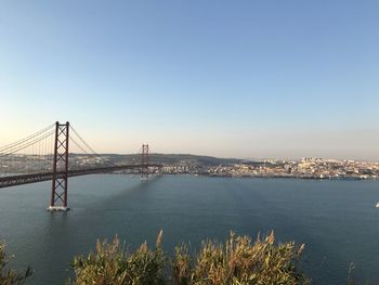 View of suspension bridge in city