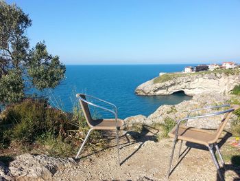 Scenic view of sea against blue sky