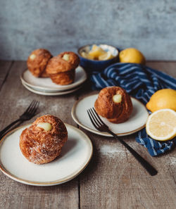 High angle view of breakfast served on table