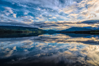 Scenic view of lake against sky during sunset
