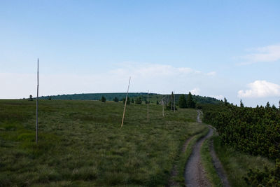 Panoramic shot of road amidst field against sky