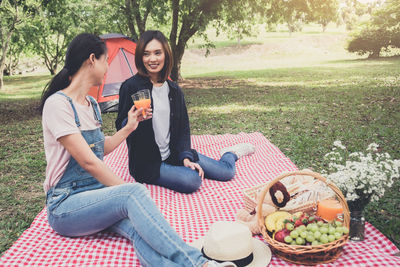 Female friends toasting drinks while sitting during picnic at park