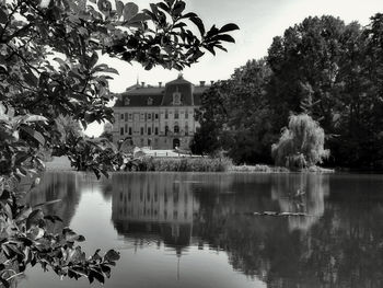 Reflection of trees and buildings in lake