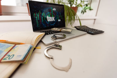 High angle view of objects on table