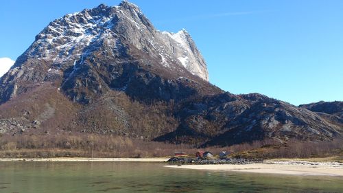 Scenic view of lake and mountains against clear sky