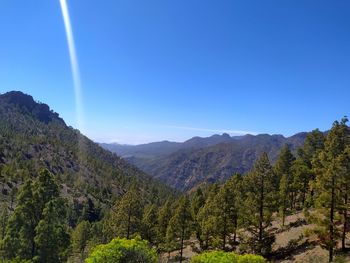 Scenic view of mountains against clear blue sky