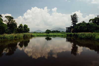 Scenic view of calm lake against cloudy sky