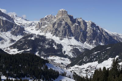 Scenic view of snowcapped mountains against clear sky