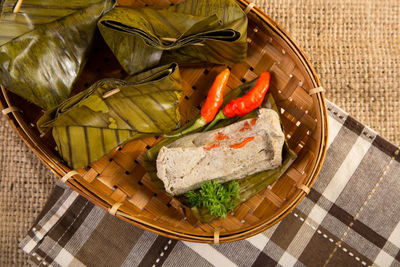 High angle view of meat in basket