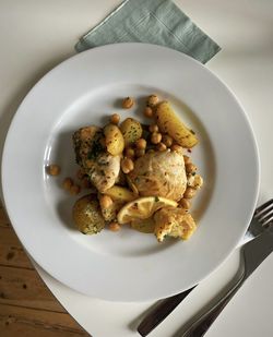 High angle view of food in plate on table
