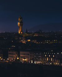 High angle view of buildings at night