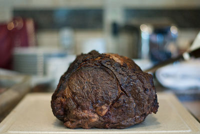 Close-up of meat in plate on table