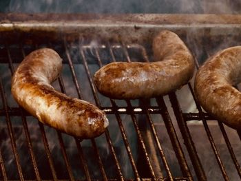 High angle view of food on barbecue grill