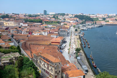 High angle view of river amidst buildings in city