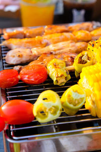 High angle view of food on barbecue grill