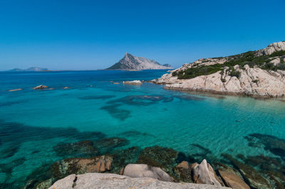 Scenic view of sea against clear blue sky