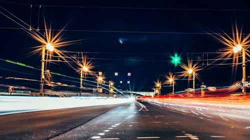 Light trails on road at night